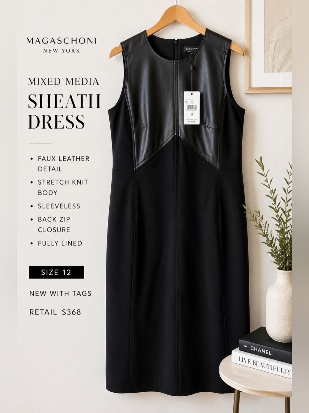 NWT Magaschoni New York Faux Leather Mixed Media Sheath Midi Dress Black Size 12